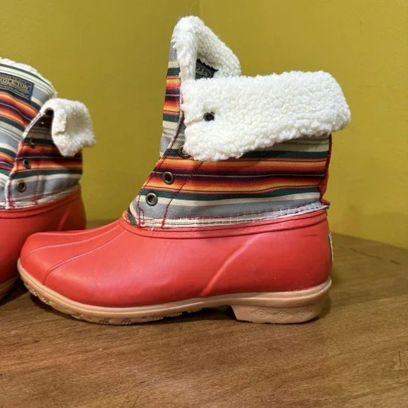 Pendleton US 8 Red Striped Roll-Top Faux Fur Lined Weather Duck Boots No Laces - Picture 3 of 12